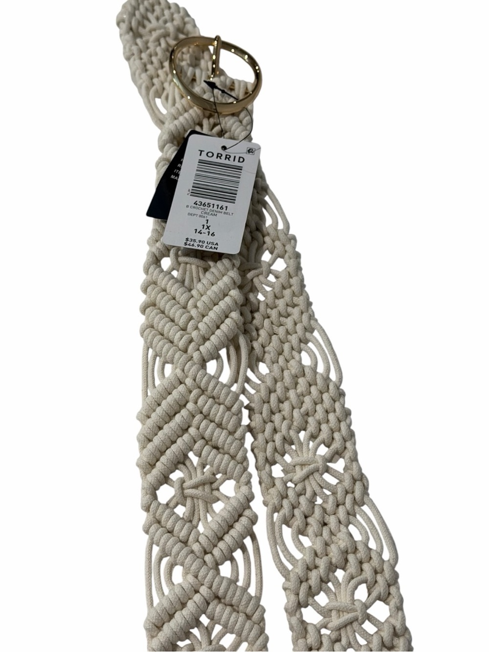 torrid Cream Macramé Braided Belt with Gold Buckle sz 14-16 NWT